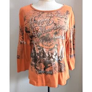 Womens Y2K Allover Graphic Halloween Fall Pumpkin Scary Rhinestone Top Orange XL